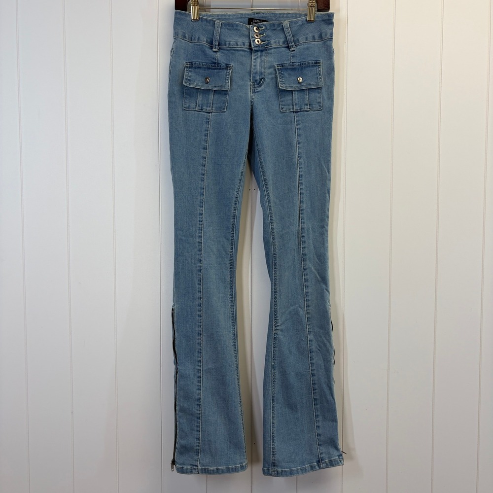 Social Collision Y2K Zip Flare Jeans Women Size 9 Skull Pocket Mall Goth Grunge